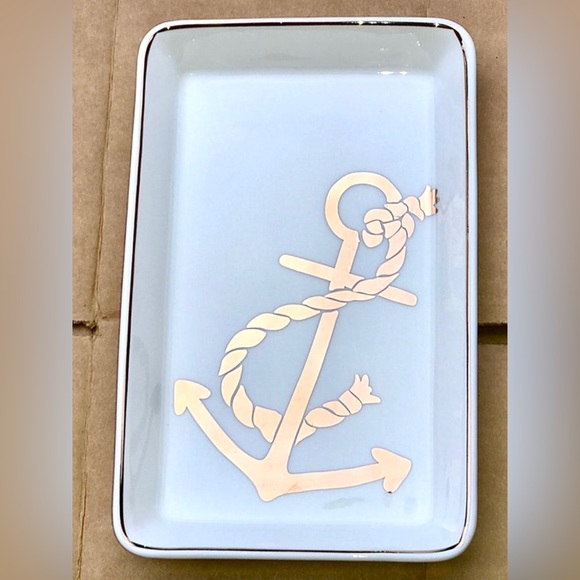 Vintage J. CREW Gold Trim White Porcelain Rope & Anchor Ceramic Trinket Key Dish - Picture 8 of 10